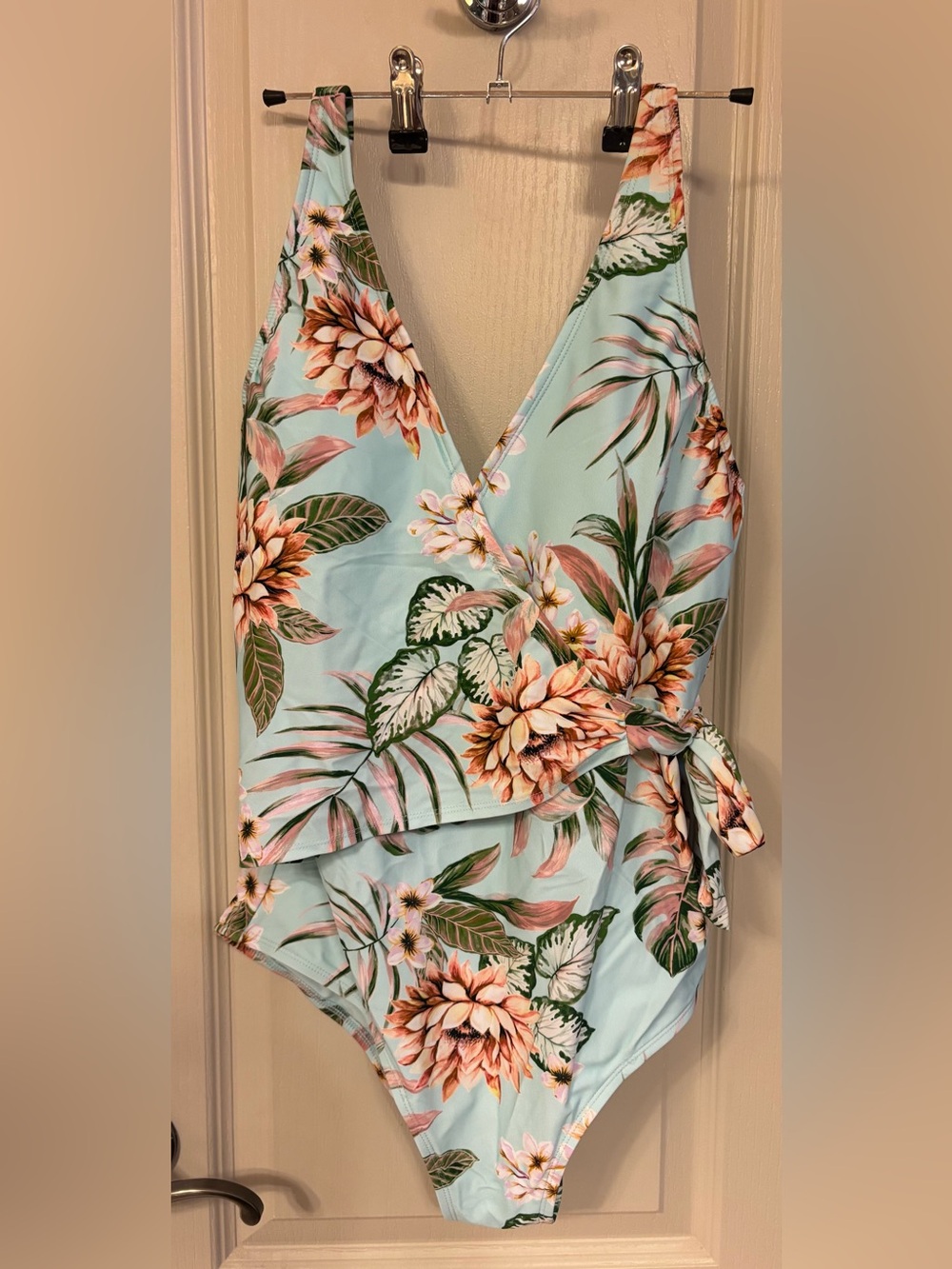 Kona Sol Mint Floral Wrap One-Piece Swimsuit Sz L 12-14